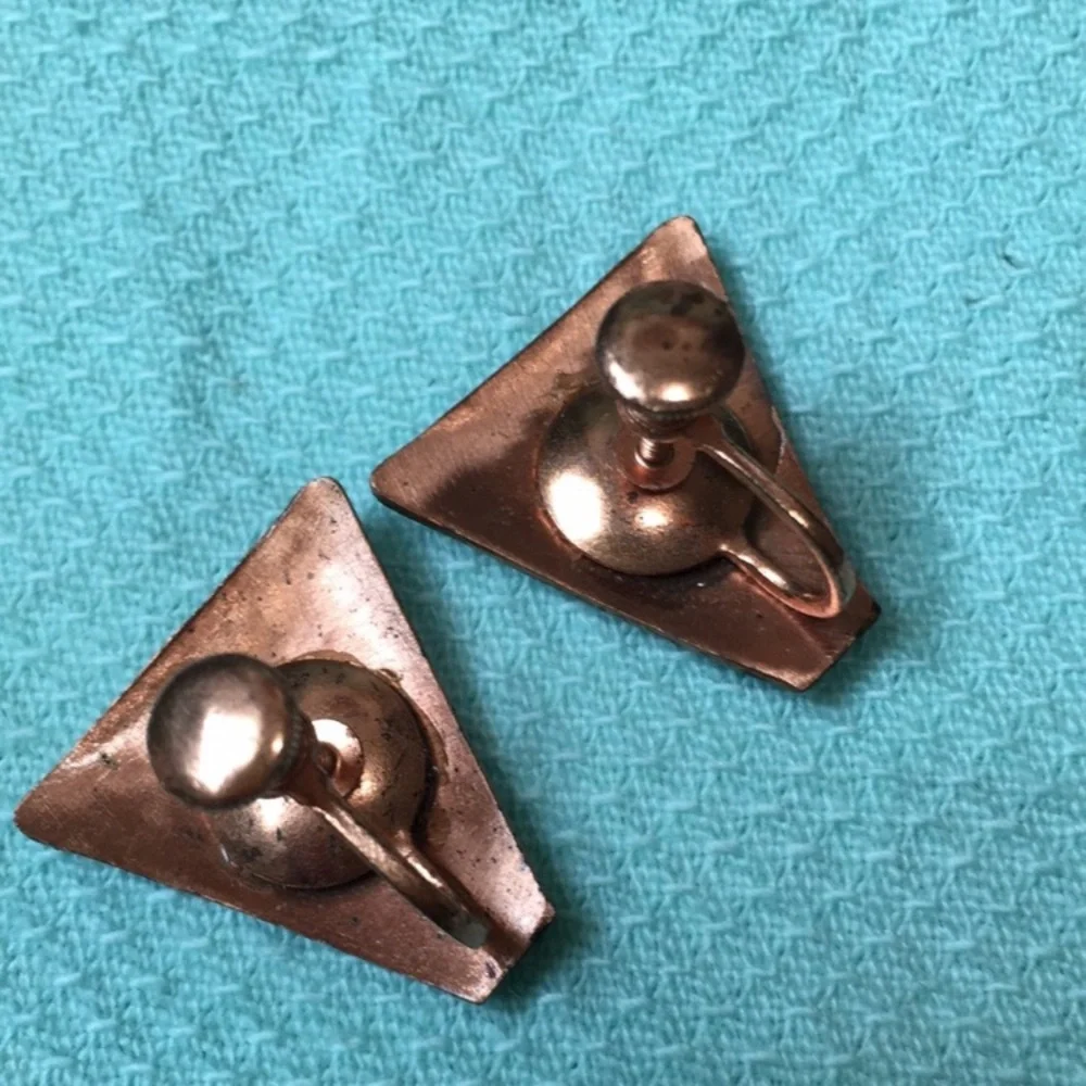 50s 60s copper enamel earrings, screw back, hand crafted, handmade